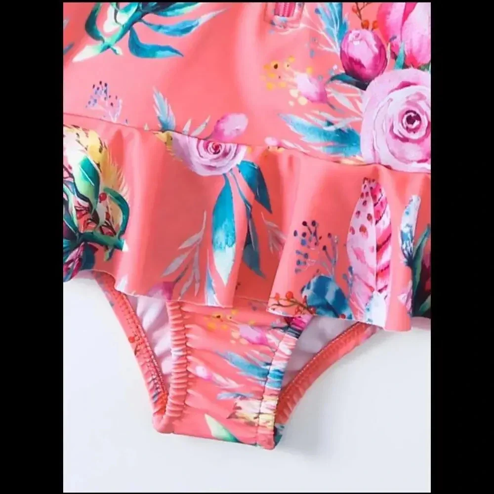 SHEIN Baby Girl Floral Print Raglan Sleeve Peplum One Piece Swimsuit Size 80